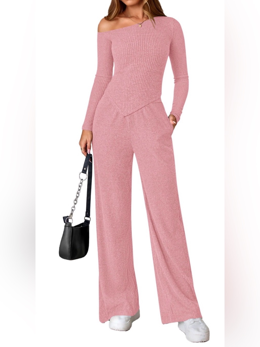 Off-Shoulder Wide-Leg Ribbed Jumpsuit in Dusty Rose